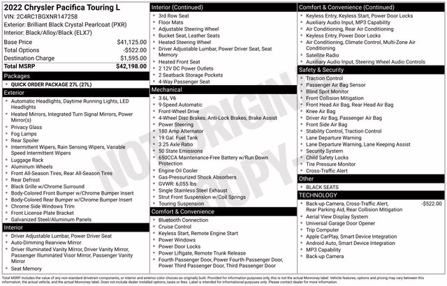 2022 Brilliant Black Crystal Pearlcoat Chrysler Pacifica Touring L FWD Van