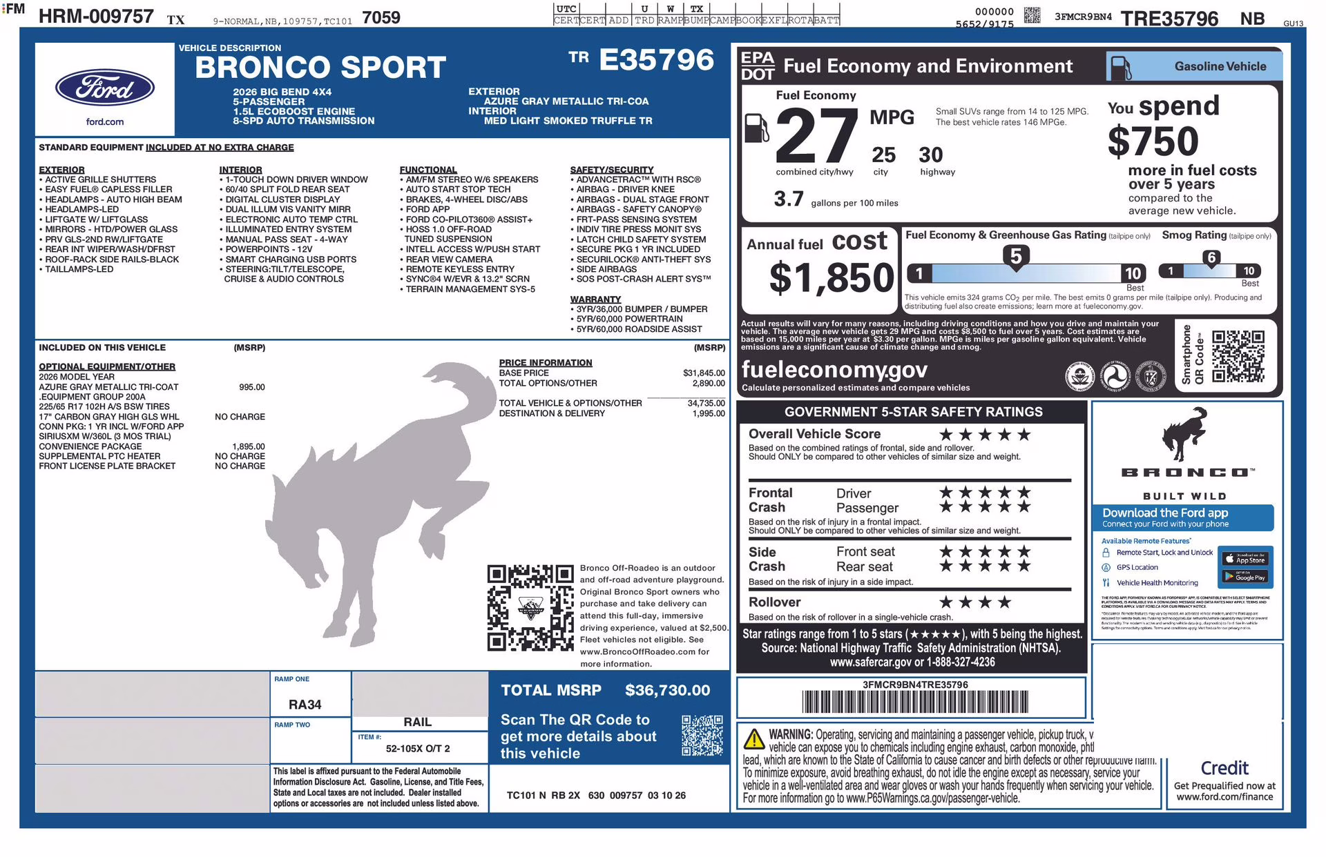 2026 Azure Gray Metallic Tri-Coat Ford Bronco Sport Big Bend 4X4 SUV