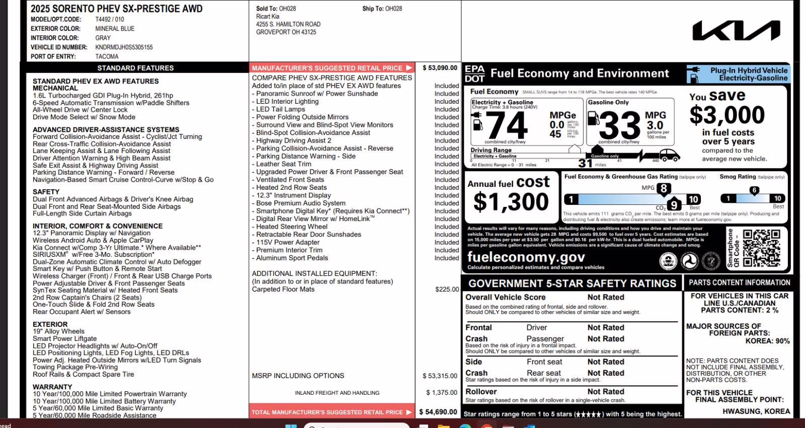 2025 Mineral Blue Kia Sorento Plug-In Hybrid SX Prestige AWD SUV