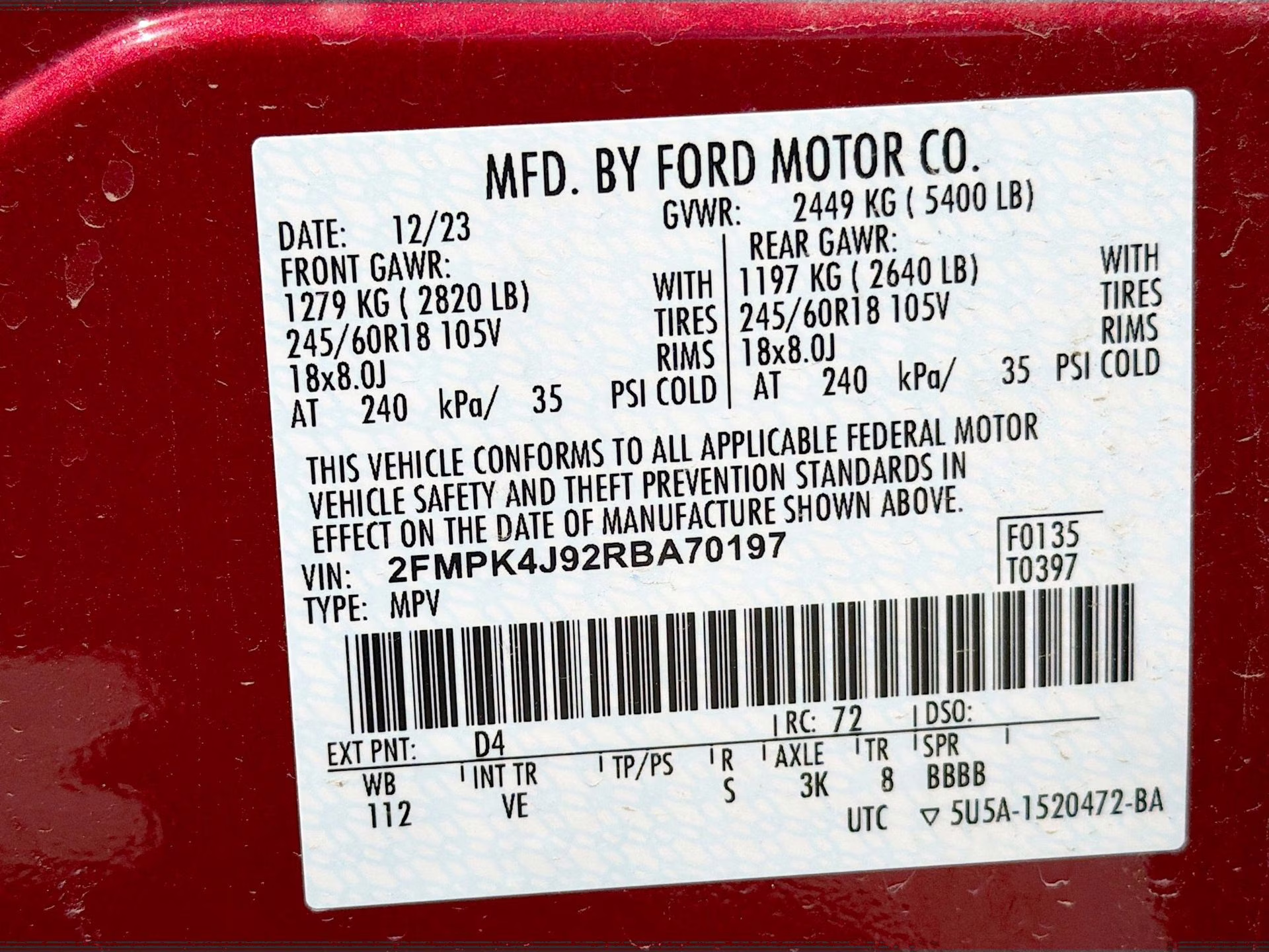 2024 Rapid Red Metallic Tinted Clearcoat Ford Edge SEL AWD SUV