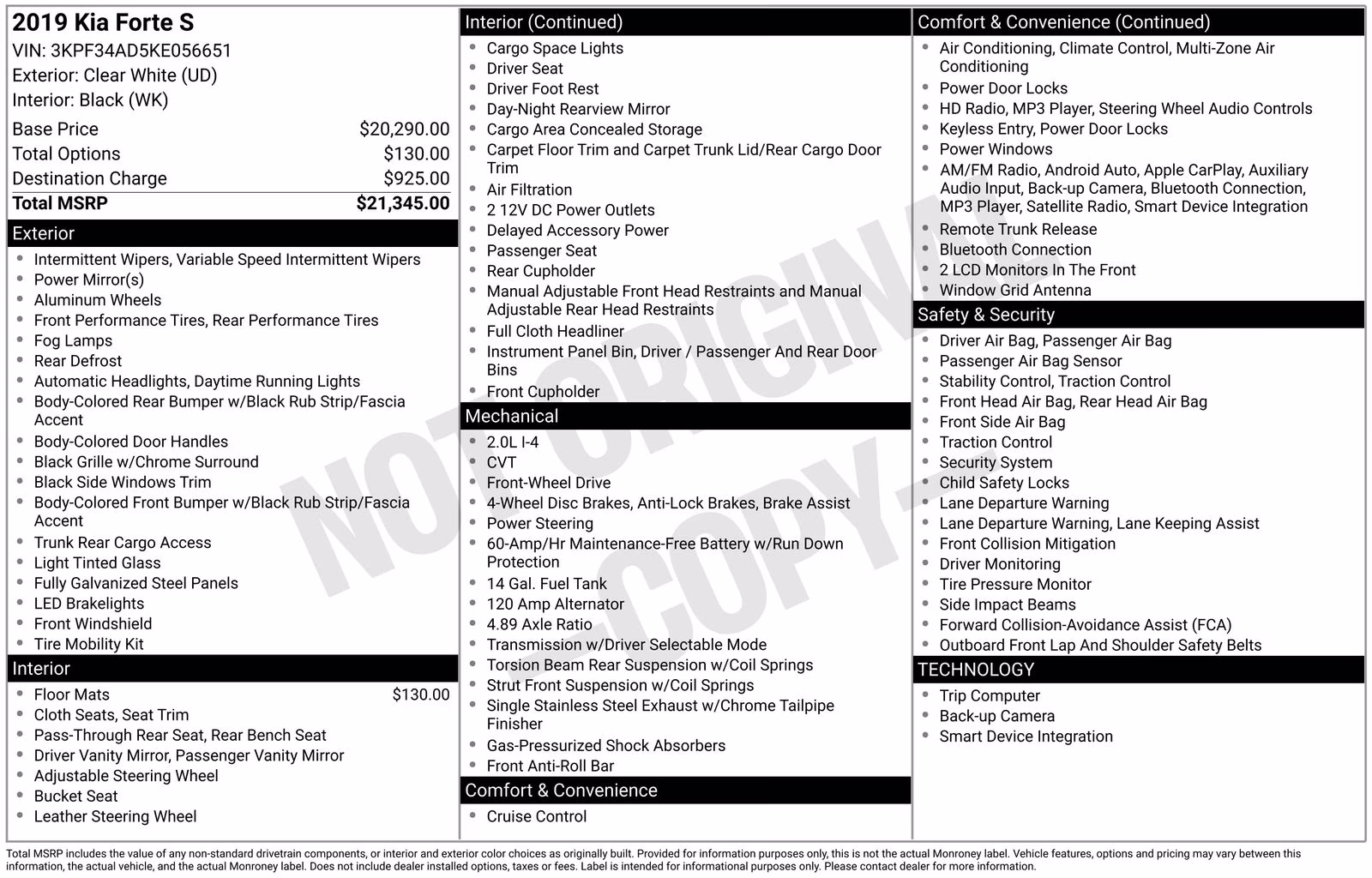 2019 Clear White Kia Forte S FWD Sedan