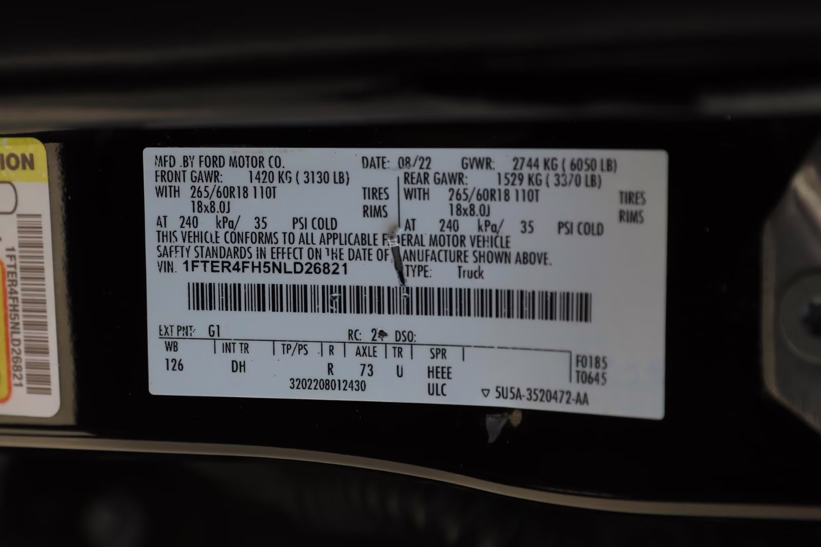2022 Shadow Black Ford Ranger LARIAT 4X4 Truck