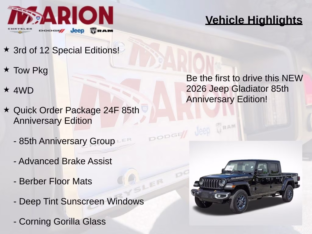 2026 Black Clearcoat Jeep Gladiator 85th Anniversary Edition 4X4 Truck