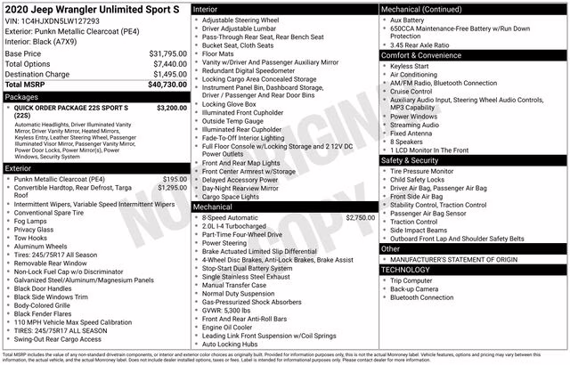2020 Punkn Metallic Clearcoat Jeep Wrangler Unlimited Sport S 4X4 SUV