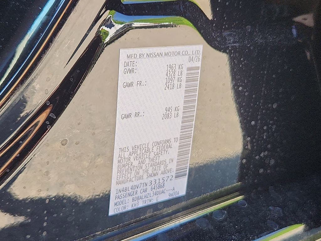 2026 Super Black Clearcoat Nissan Altima 2.5 SV FWD Sedan
