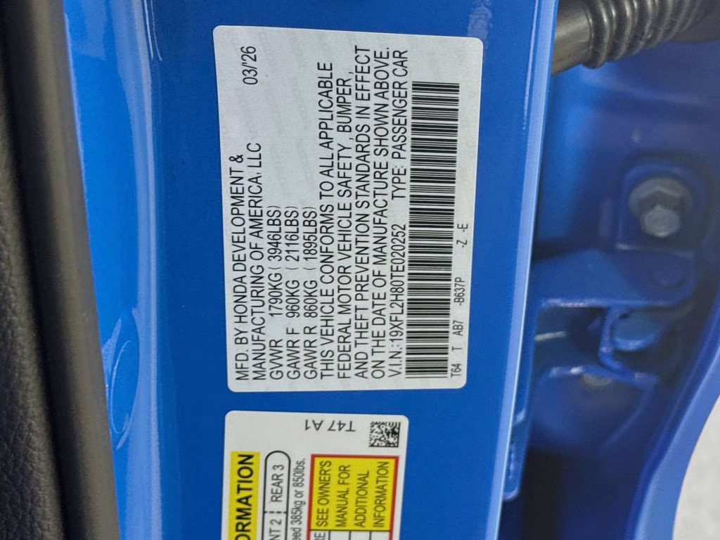2026 Boost Blue Pearl Honda Civic Sport FWD Hatchback