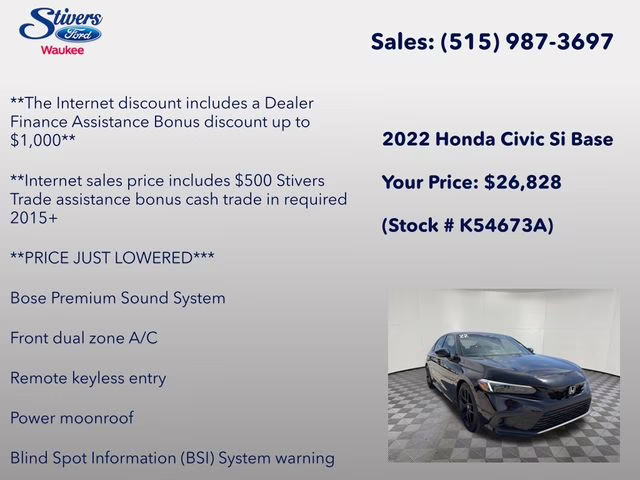 2022 Crystal Black Pearl Honda Civic Si FWD Sedan