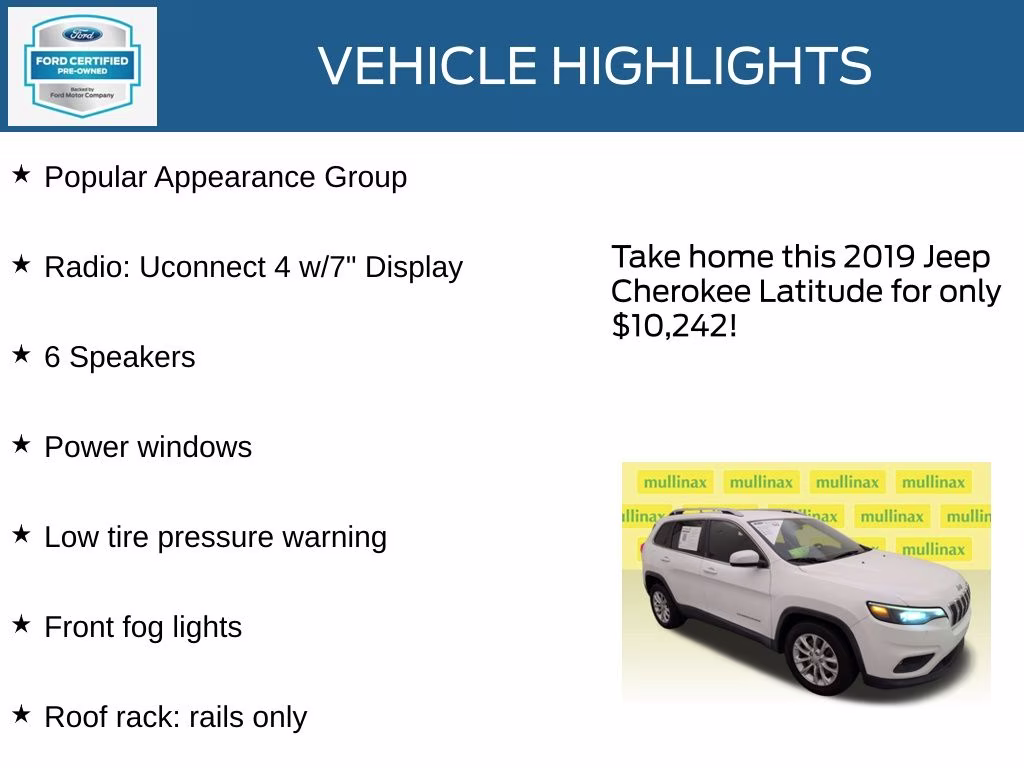 2019 Bright White Clearcoat Jeep Cherokee Latitude FWD SUV