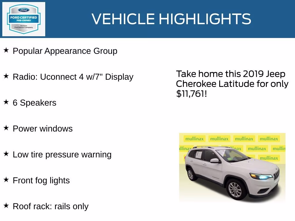 2019 Bright White Clearcoat Jeep Cherokee Latitude FWD SUV