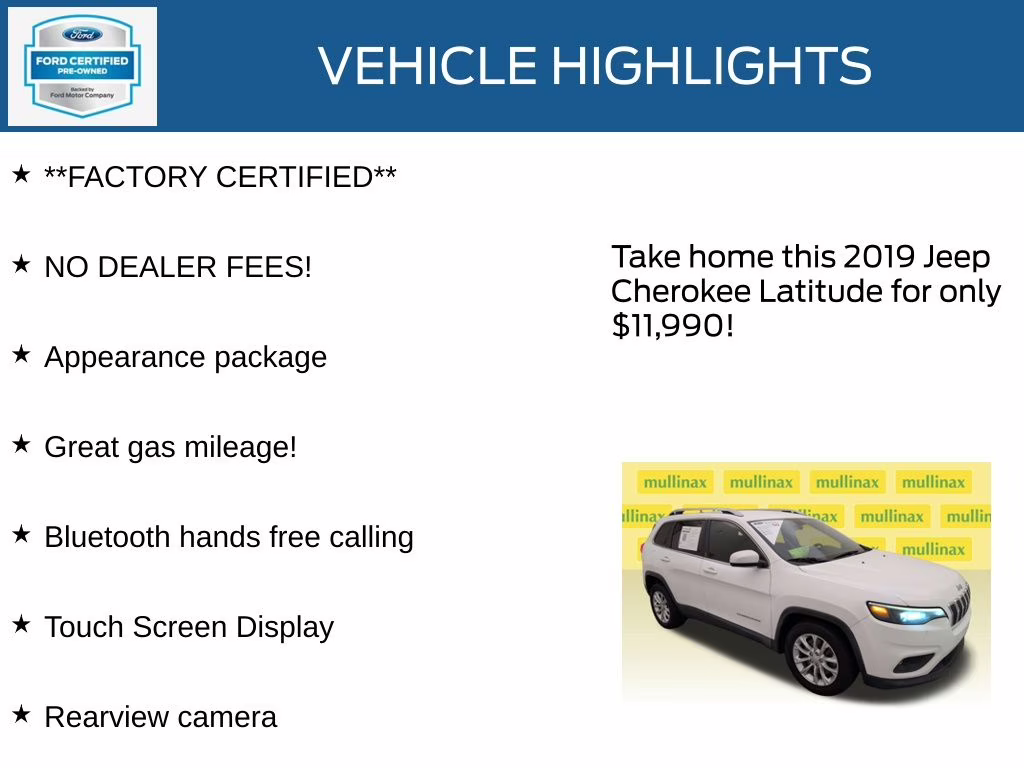 2019 Bright White Clearcoat Jeep Cherokee Latitude FWD SUV