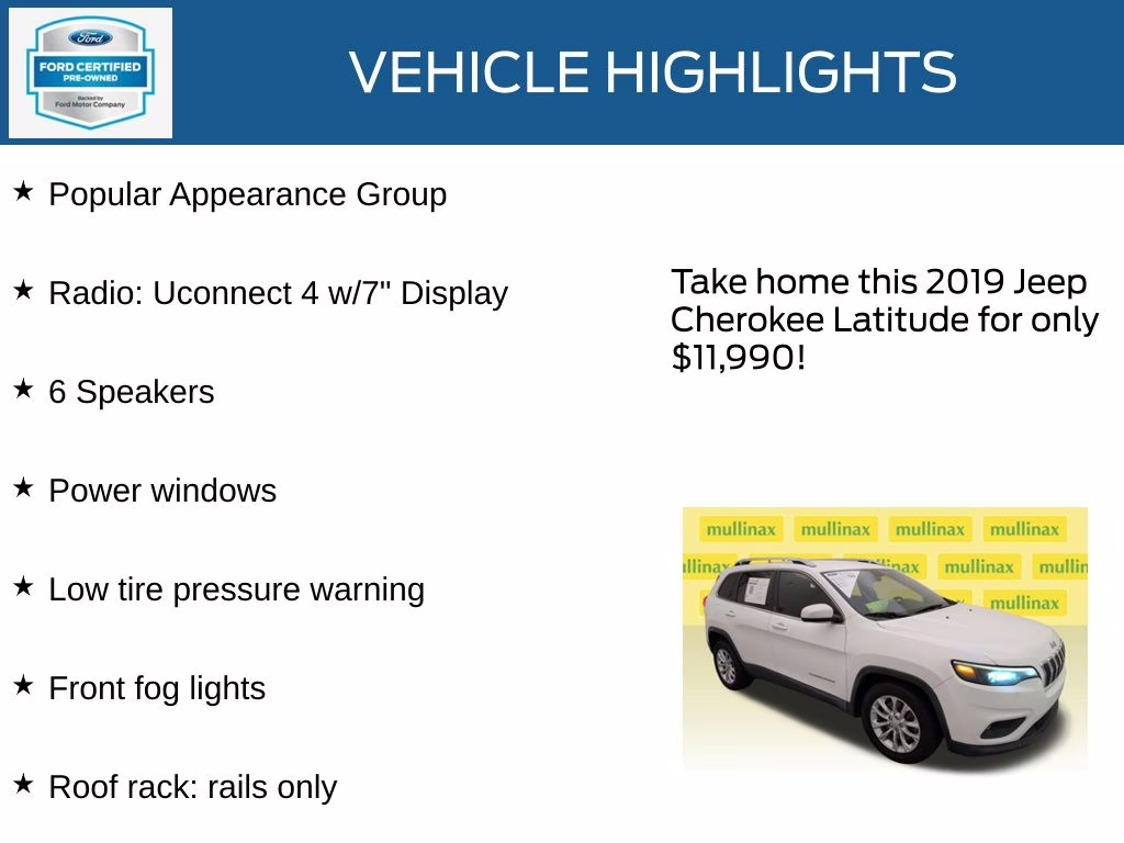 2019 Bright White Clearcoat Jeep Cherokee Latitude FWD SUV