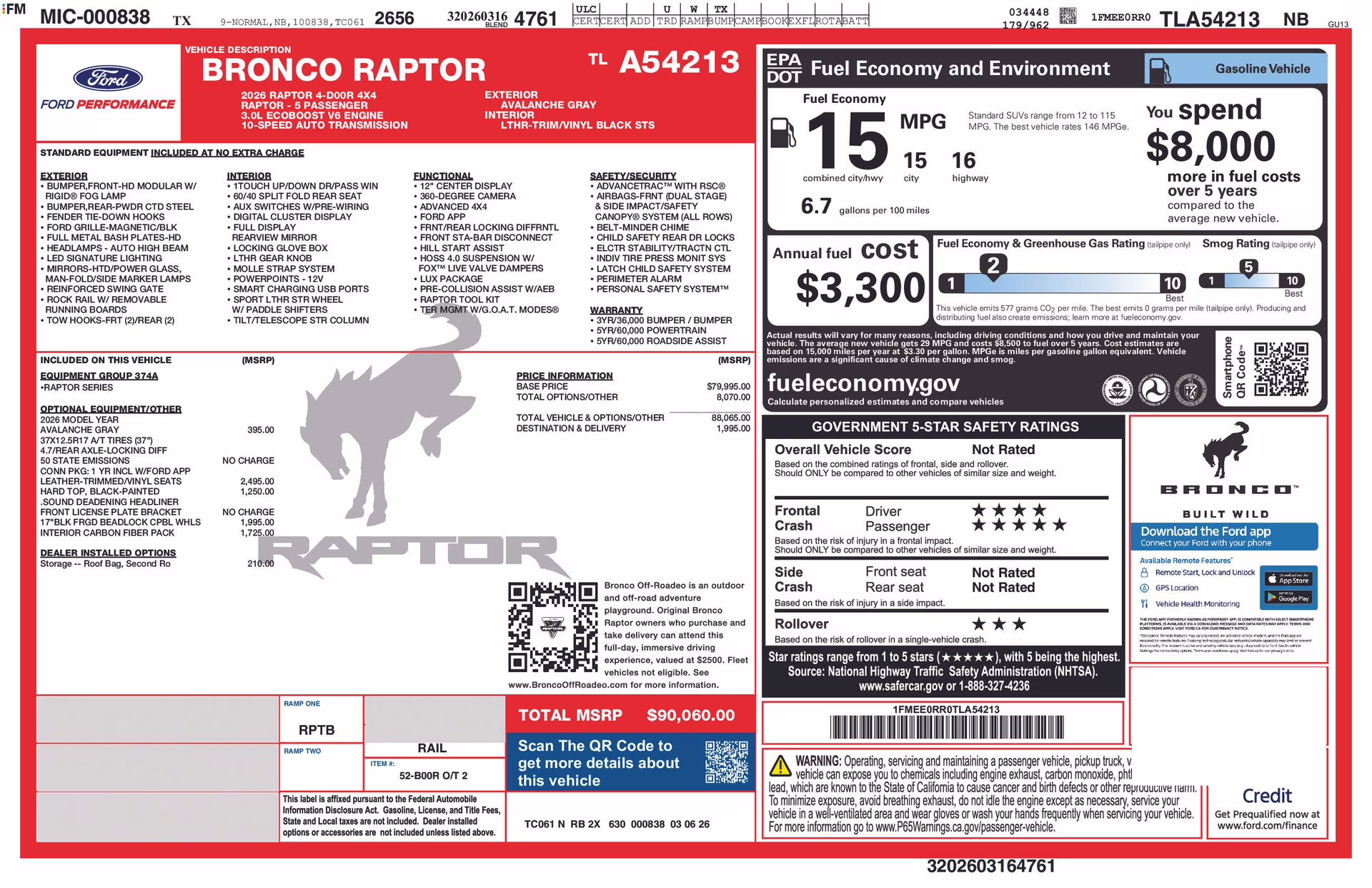 2026 Avalanche Gray Ford Bronco Raptor 4X4 SUV