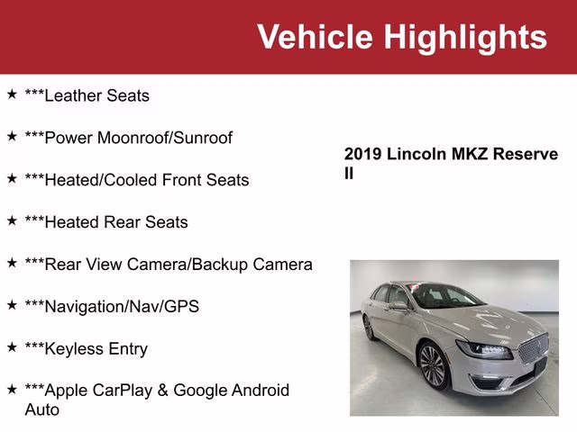 Used 2019 Lincoln MKZ Reserve II with VIN 3LN6L5F96KR634240 for sale in Waite Park, Minnesota