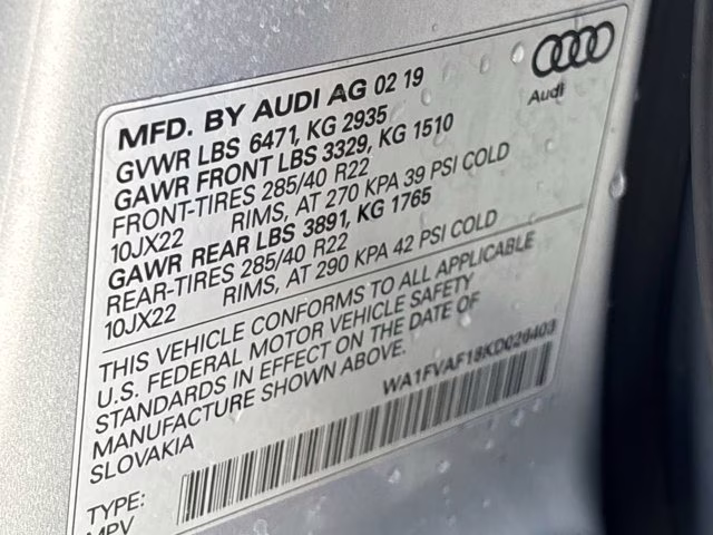 2019 Florett Silver Metallic Audi Q8 3.0T Prestige AWD SUV
