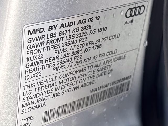2019 Florett Silver Metallic Audi Q8 3.0T Prestige AWD SUV