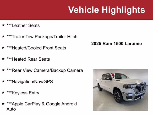 Used 2025 RAM Ram 1500 Pickup Laramie with VIN 1C6SRFJP6SN567467 for sale in Waite Park, Minnesota
