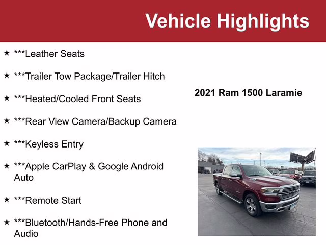 Used 2021 RAM Ram 1500 Pickup Laramie with VIN 1C6SRFJT1MN730154 for sale in Waite Park, Minnesota