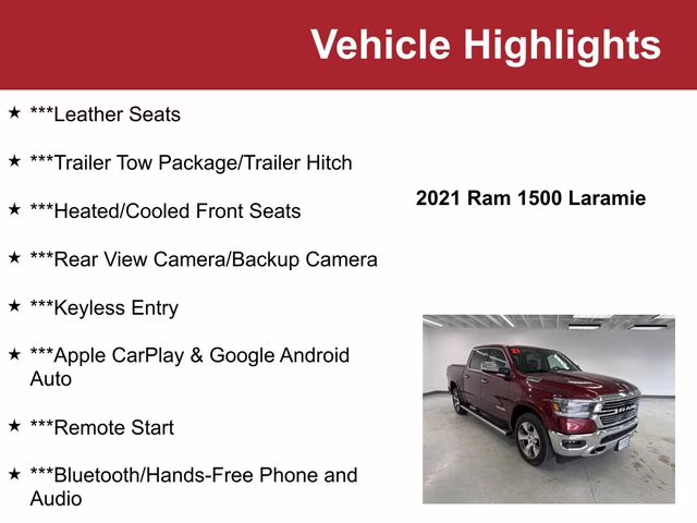 Used 2021 RAM Ram 1500 Pickup Laramie with VIN 1C6SRFJT1MN730154 for sale in Waite Park, Minnesota