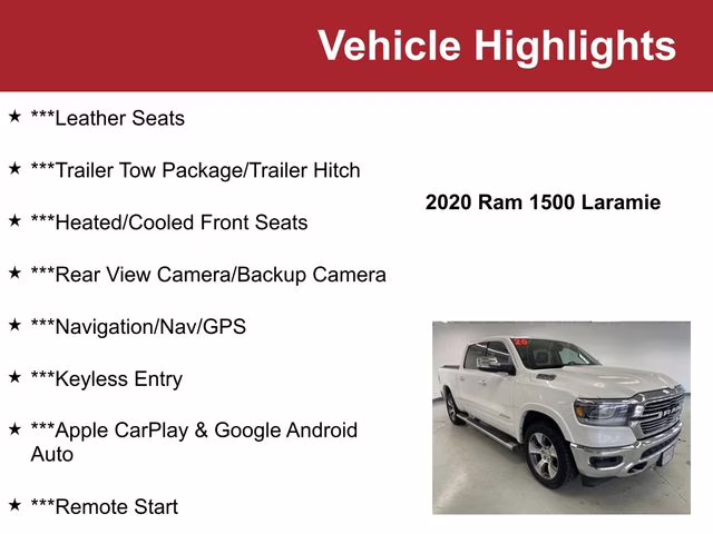 Used 2020 RAM Ram 1500 Pickup Laramie with VIN 1C6SRFJTXLN413102 for sale in Waite Park, Minnesota