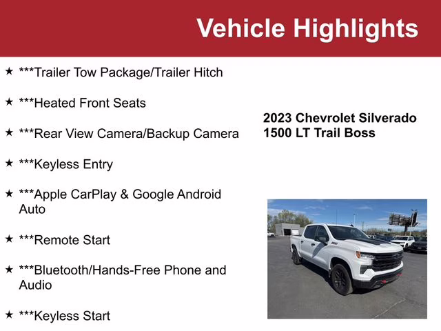 2023 Summit White Chevrolet Silverado 1500 LT Trail Boss 4X4 Truck