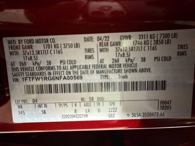 2022 Rapid Red Metallic Tinted Clearcoat Ford F-150 Raptor 37 Package 4X4 Truck