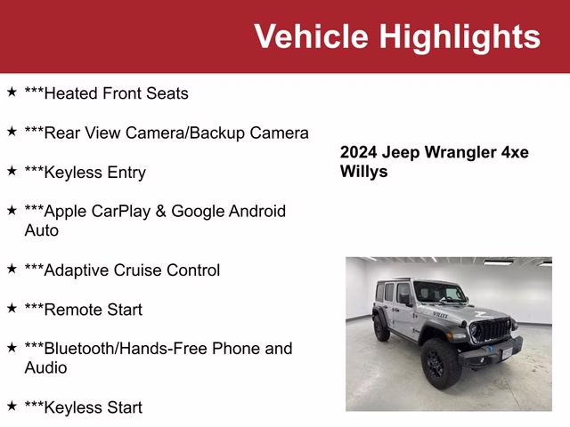 Used 2024 Jeep Wrangler 4xe Willys 4XE with VIN 1C4RJXN6XRW190149 for sale in Waite Park, Minnesota