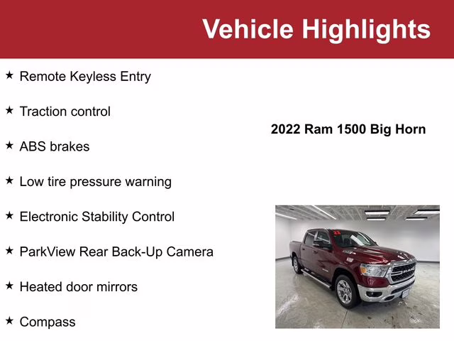 Used 2022 RAM Ram 1500 Pickup Big Horn/Lone Star with VIN 1C6RRFFG8NN459623 for sale in Waite Park, Minnesota