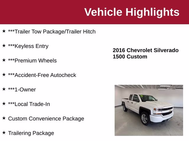 2016 Summit White Chevrolet Silverado 1500 Custom 4X4 Truck