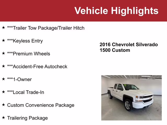 2016 Summit White Chevrolet Silverado 1500 Custom 4X4 Truck