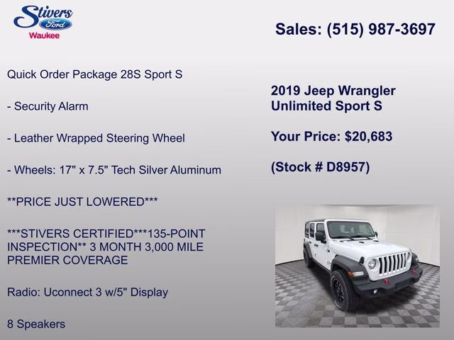 2019 Bright White Clearcoat Jeep Wrangler Unlimited Sport S 4X4 SUV