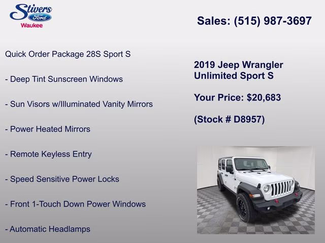 2019 Bright White Clearcoat Jeep Wrangler Unlimited Sport S 4X4 SUV