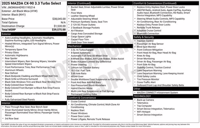 2025 Jet Black Mica Mazda CX-90 3.3 Turbo Select AWD SUV