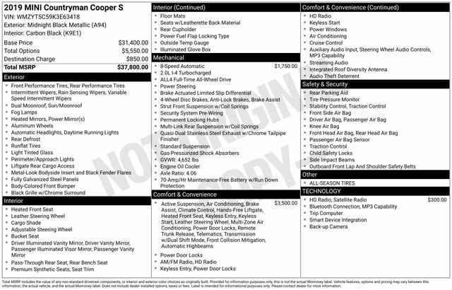 2019 Midnight Black Metallic MINI Cooper S Countryman Signature AWD SUV