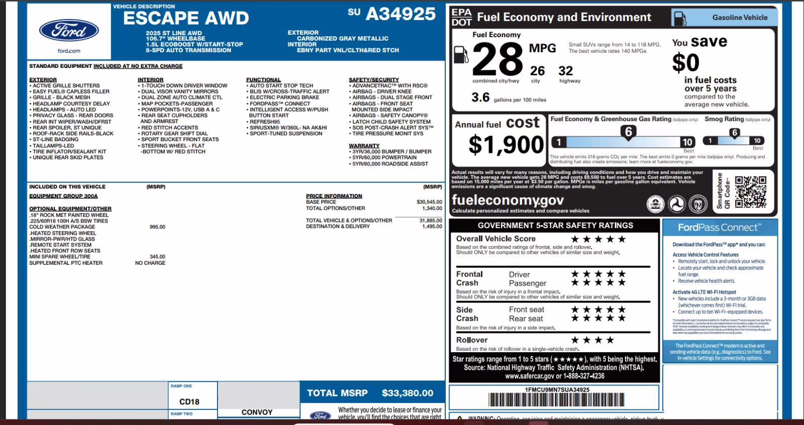 2025 Carbonized Gray Metallic Ford Escape ST-Line AWD SUV