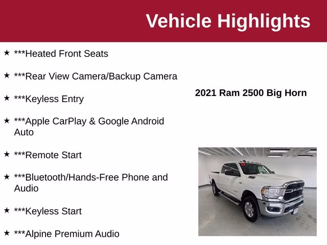 2021 Bright White Clearcoat Ram 2500 Big Horn 4X4 Truck