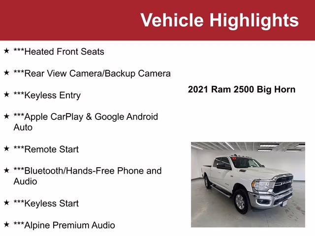 Used 2021 RAM Ram 2500 Pickup Big Horn with VIN 3C6UR5DJ0MG672480 for sale in Waite Park, Minnesota