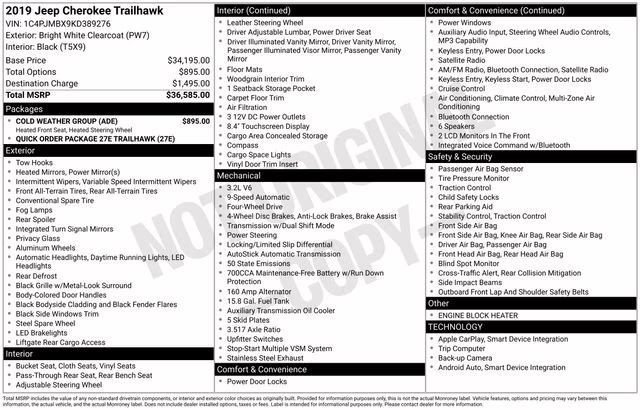 2019 Bright White Clearcoat Jeep Cherokee Trailhawk 4X4 SUV