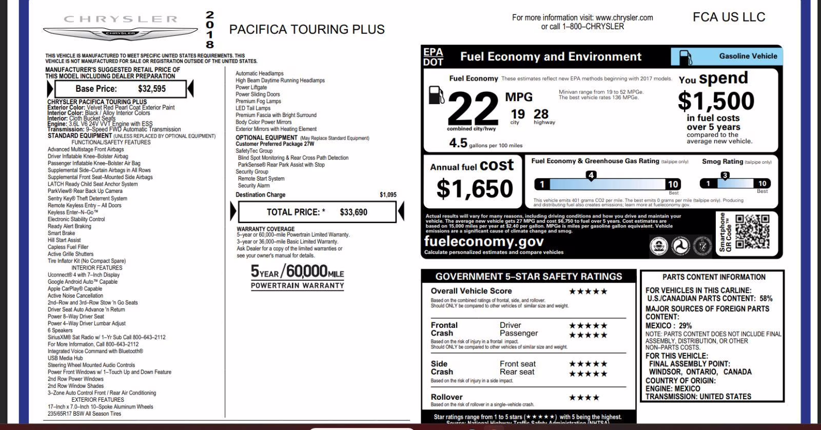 2018 Velvet Red Pearlcoat Chrysler Pacifica Touring Plus FWD Van