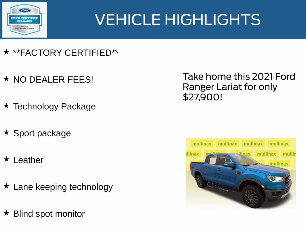 2021 Blue Metallic Ford Ranger Lariat 4X4 Truck