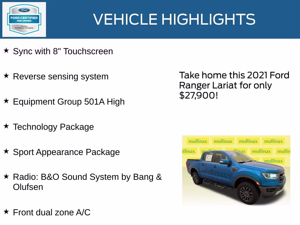 2021 Blue Metallic Ford Ranger Lariat 4X4 Truck