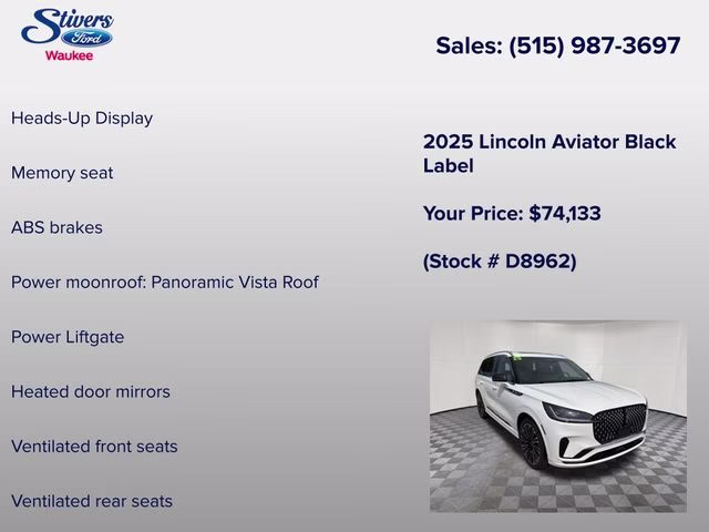 2025 White Metallic Lincoln Aviator Black Label AWD SUV