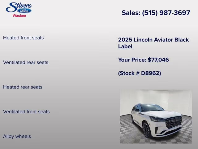 2025 White Metallic Lincoln Aviator Black Label AWD SUV
