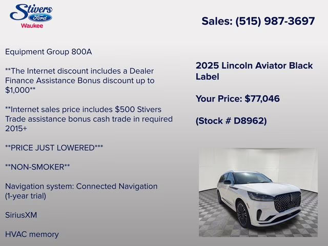 2025 White Metallic Lincoln Aviator Black Label AWD SUV