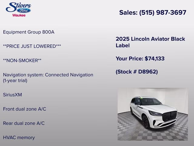 2025 White Metallic Lincoln Aviator Black Label AWD SUV
