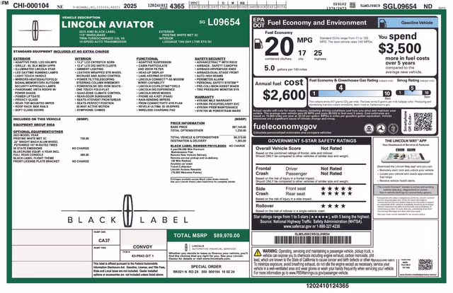 2025 White Metallic Lincoln Aviator Black Label AWD SUV