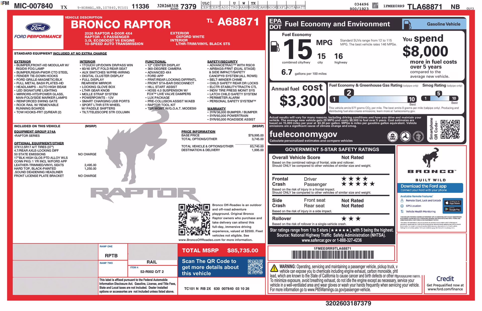 2026 Oxford White Ford Bronco Raptor 4X4 SUV