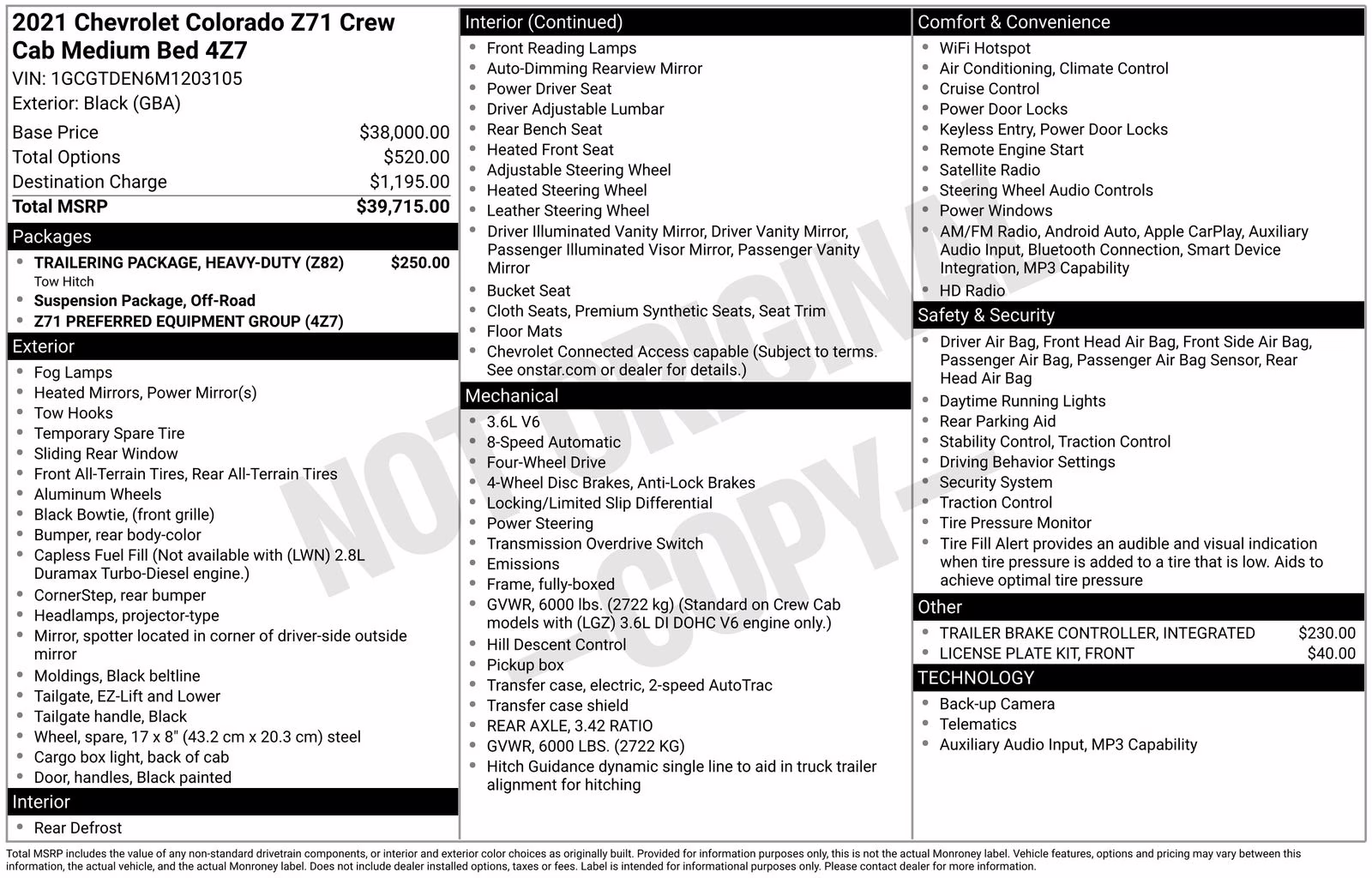 2021 Black Chevrolet Colorado Z71 4X4 Truck