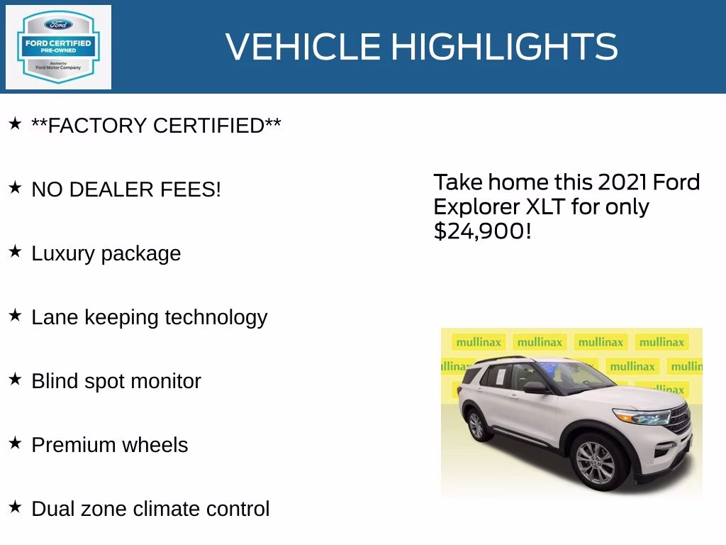 2021 Star White Metallic Tri-Coat Ford Explorer XLT RWD SUV