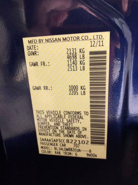 2012 Navy Blue Metallic Nissan Maxima 3.5 S FWD Sedan