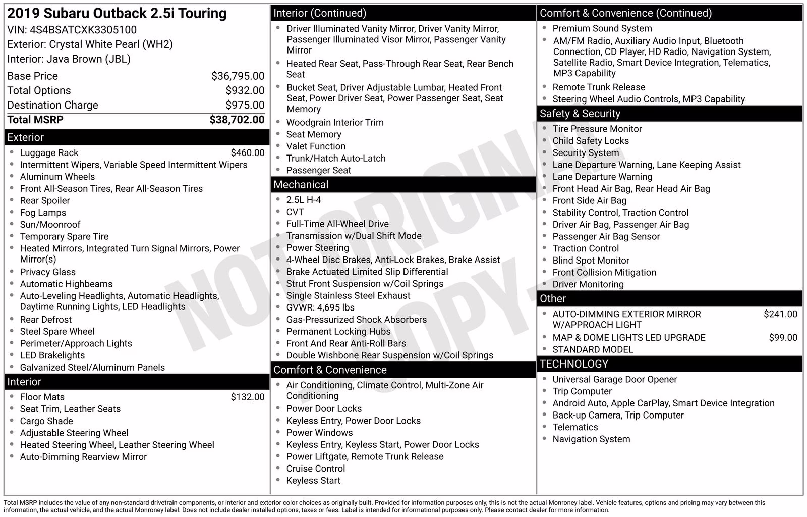 2019 Crystal White Pearl Subaru Outback 2.5i AWD SUV